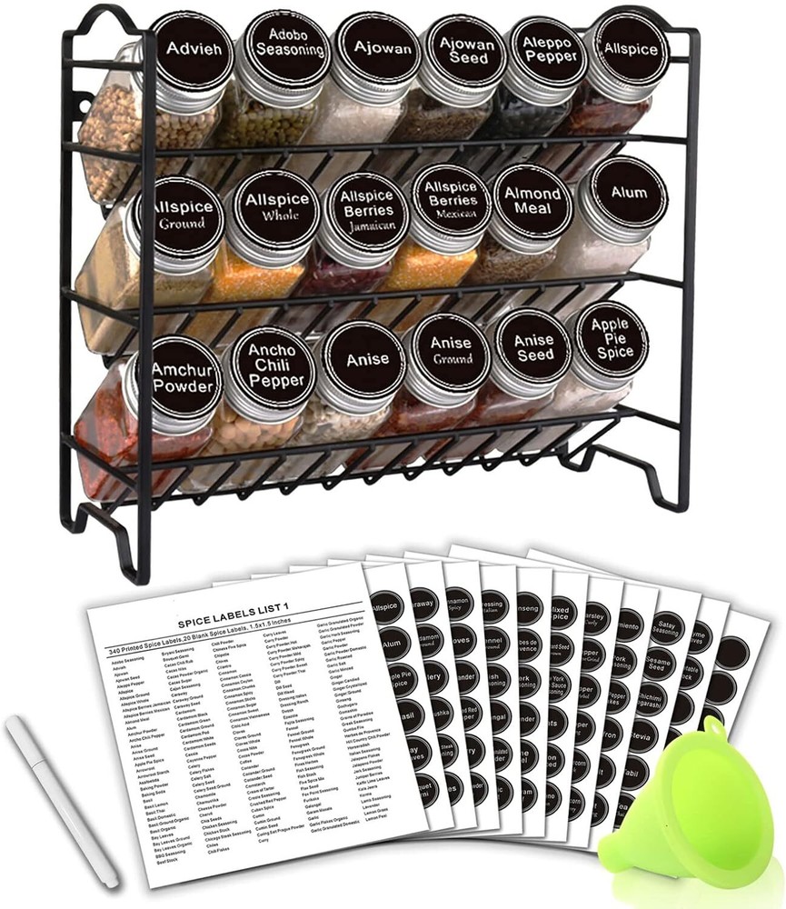 Spice Rack Organizer with 18 Empty Square Jars 396 Labels Chalk Marker