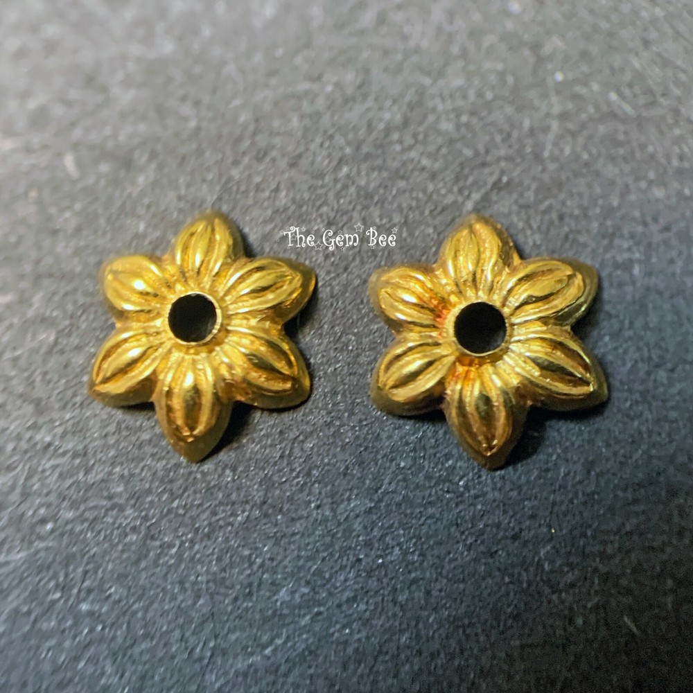 6.5mm 18k Solid Yellow Gold Leaf Design Bead Cap Finding PAIR