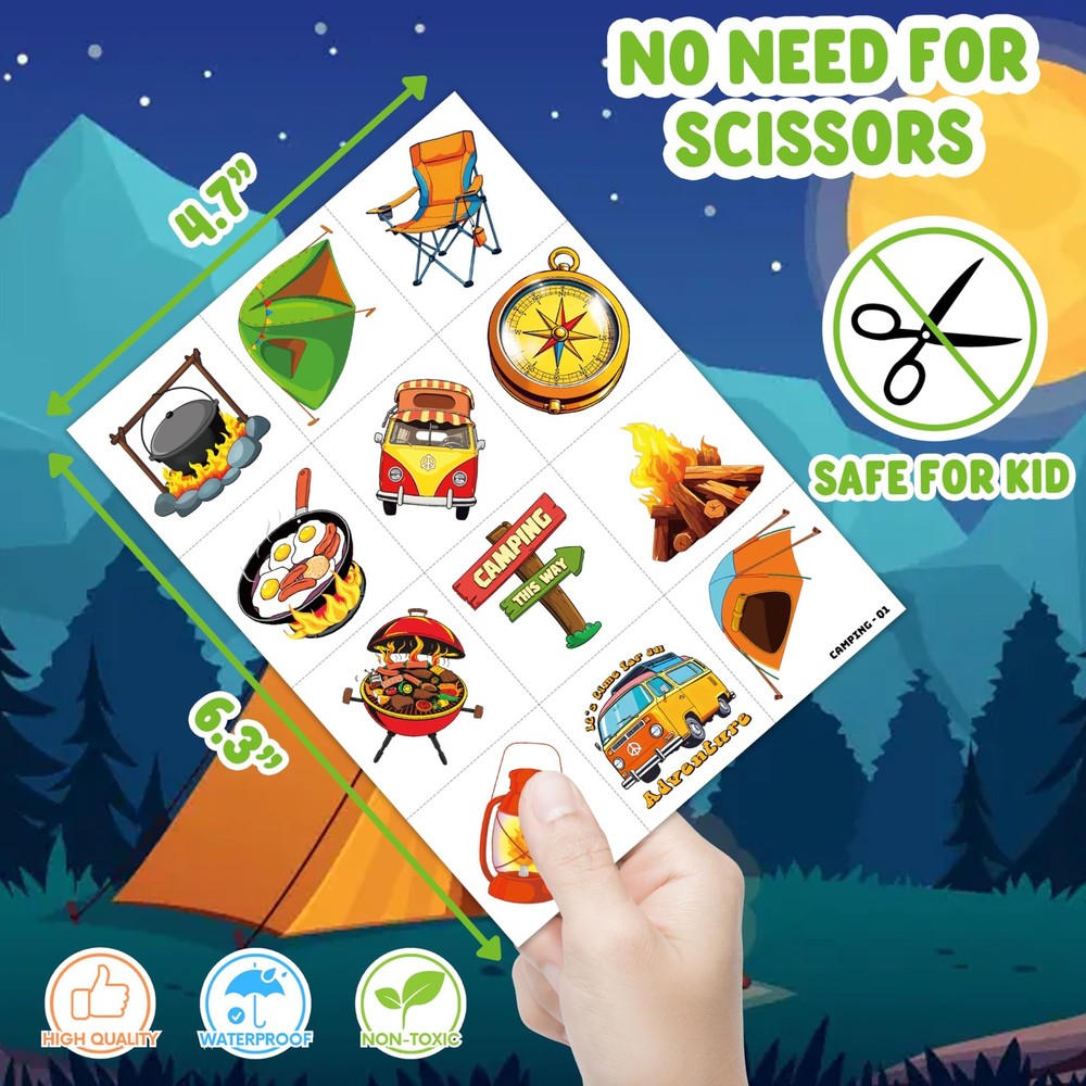 96PCS Camping Camp Camper Campfire Pre-Cut Temporary Tattoos Medium, multiple