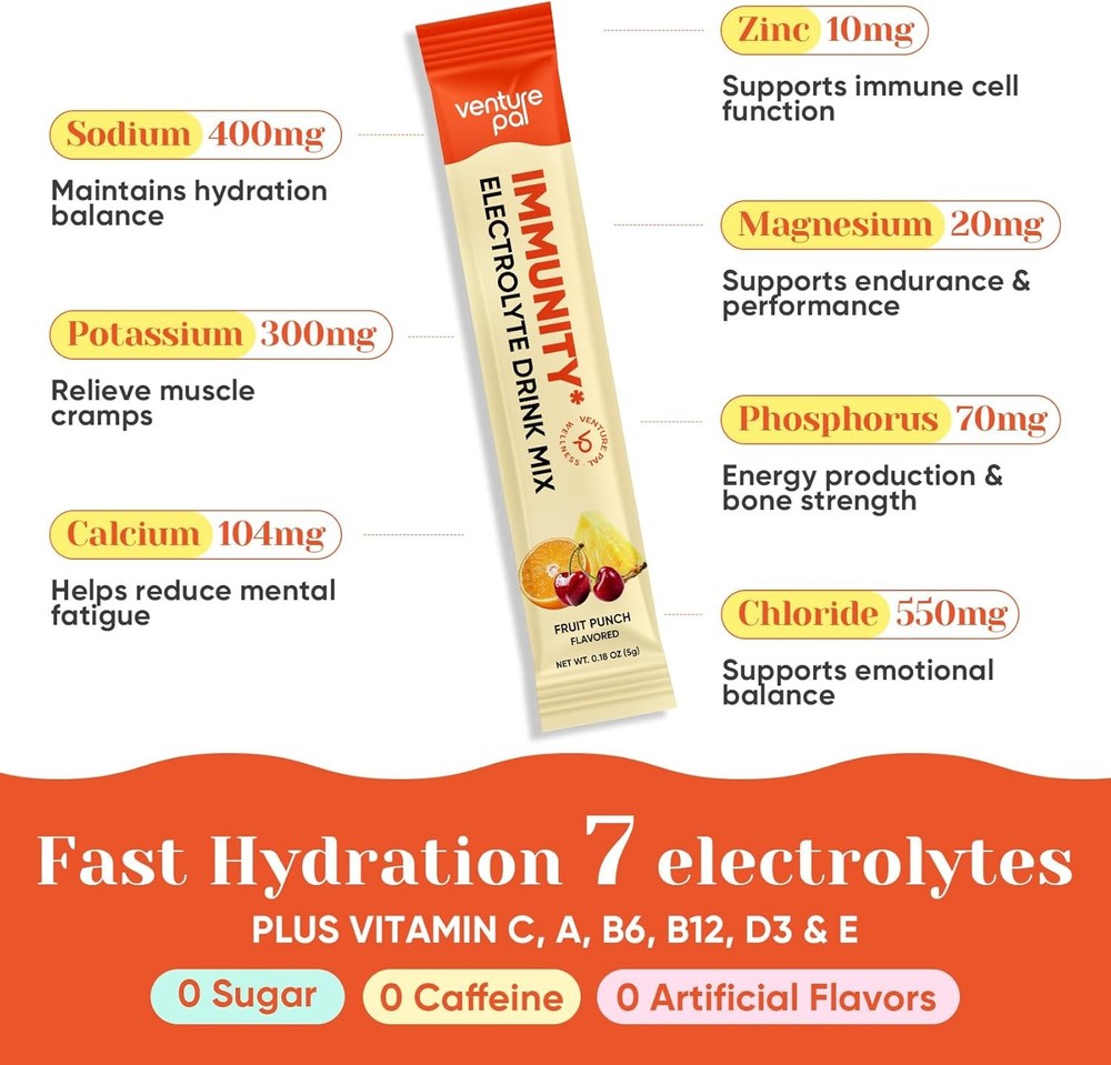 2-In-1 Hydration + Immune Electrolytes Powder Packets with 7 Electrolytes & 6 Vi
