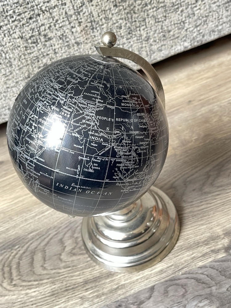 Black Version Globe World Map w/Chrome Metal Base Height 10"/6" Diameter Globe