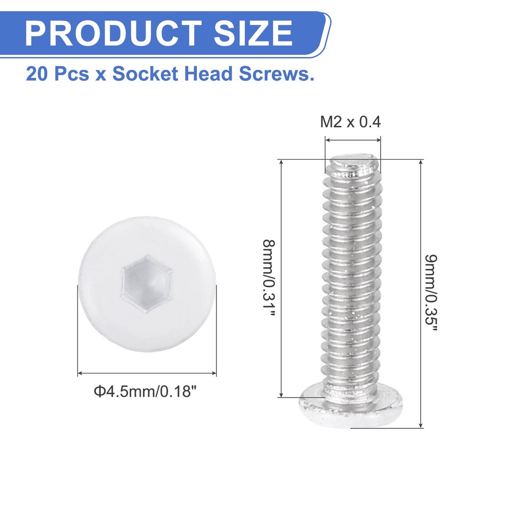 20 Pcs M2-0.4 x 8mm Button Head Hex Socket Head Screws, White