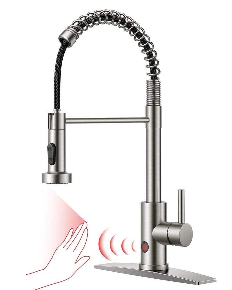 Touchless Kitchen Faucet Brushed Nickel, Motion Spring Sink Faucet with Pull ...