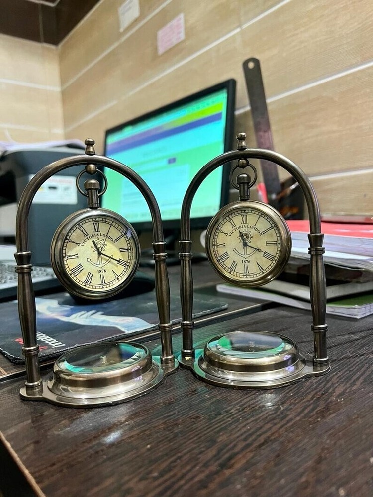 2 Pcs Nautical Brass Small Table Desk Clock with Roman Numerals and Compass Base
