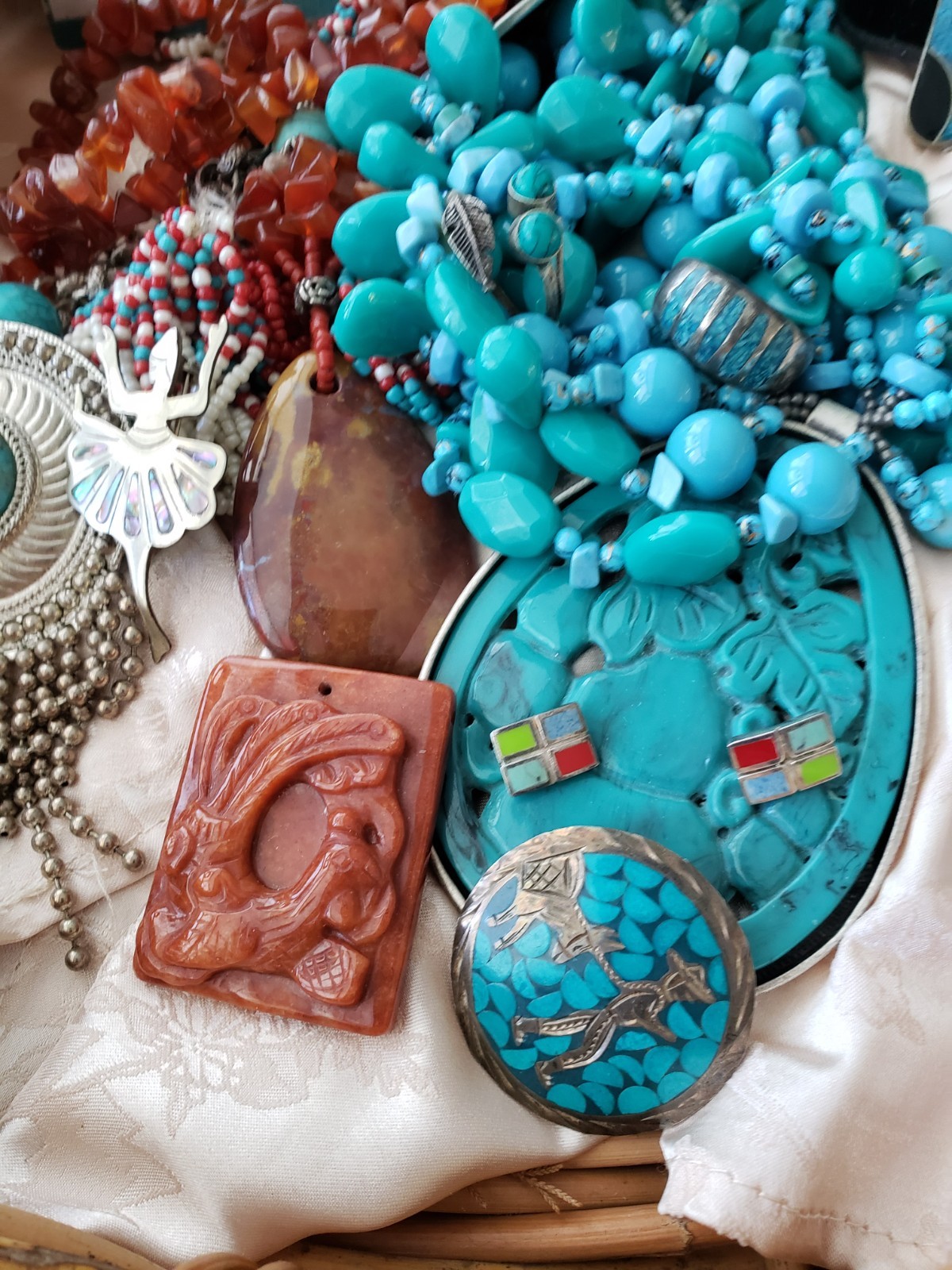Southwest jewelry lot Sterling Brass Turquoise etc Singed J King DTR Deplause&