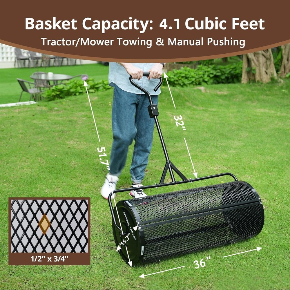 Compost Spreader 36 Inch Towable Peat Moss Spreader with Installation Support...