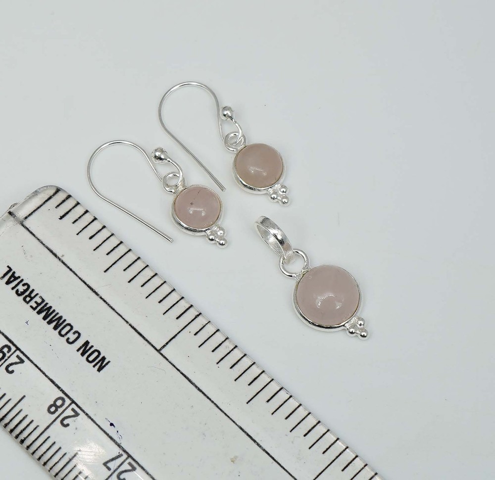 925 Solid Sterling Silver Pink Rose Quartz Hook Earring Pendant Set