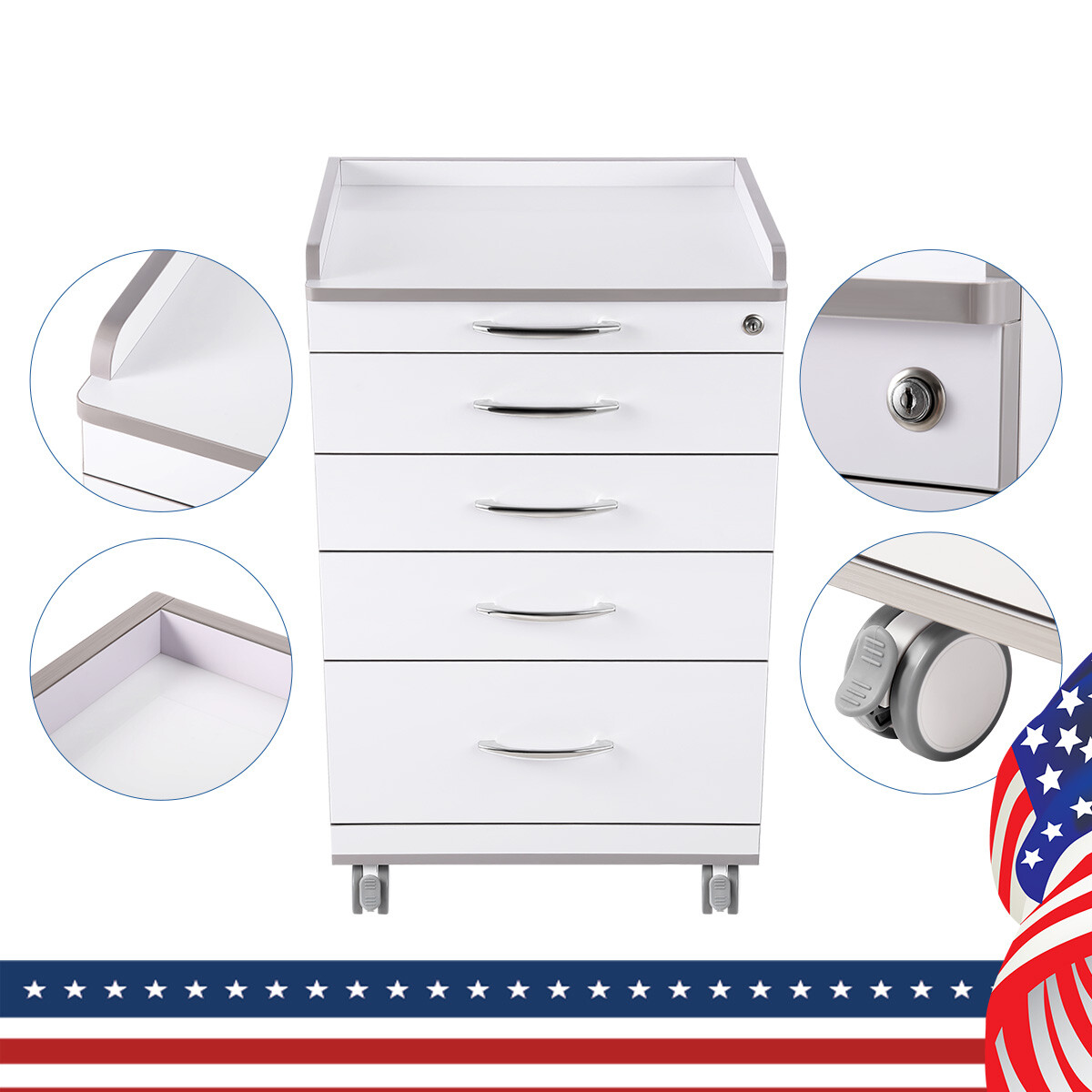 4 Drawers Dental Lab Mobile Cabinet Clinic Cart Medical Trolley W/ Power Socket