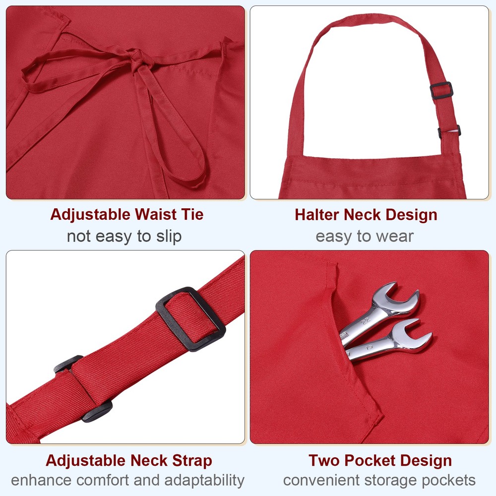 Kitchen Cooking Aprons Adjustable Long Ties Chef Apron with 2 Pockets Red