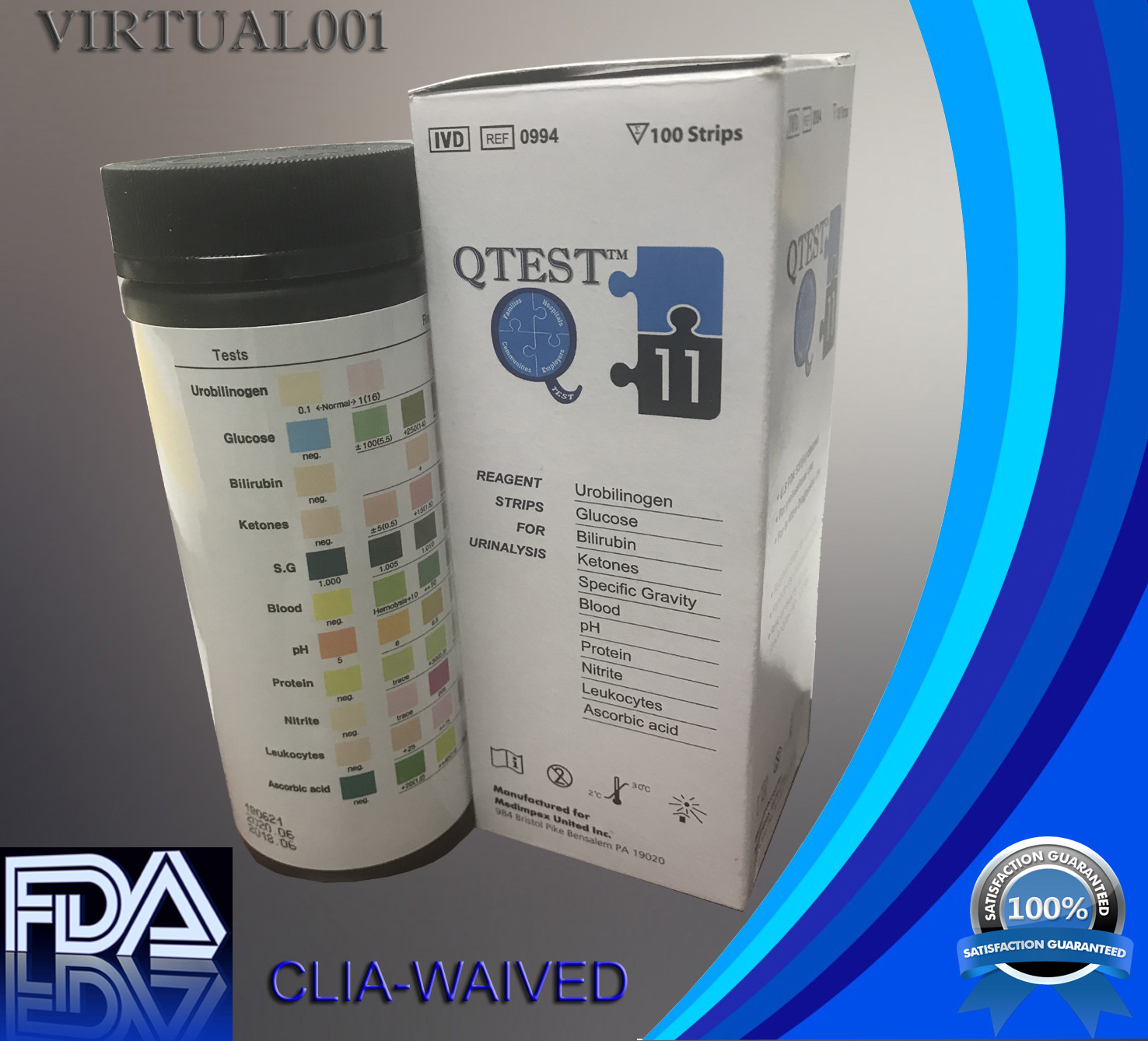 Urine Dipstick 11 Parameter Urinalysis Reagent Test Strips (100) Ketone Glucose