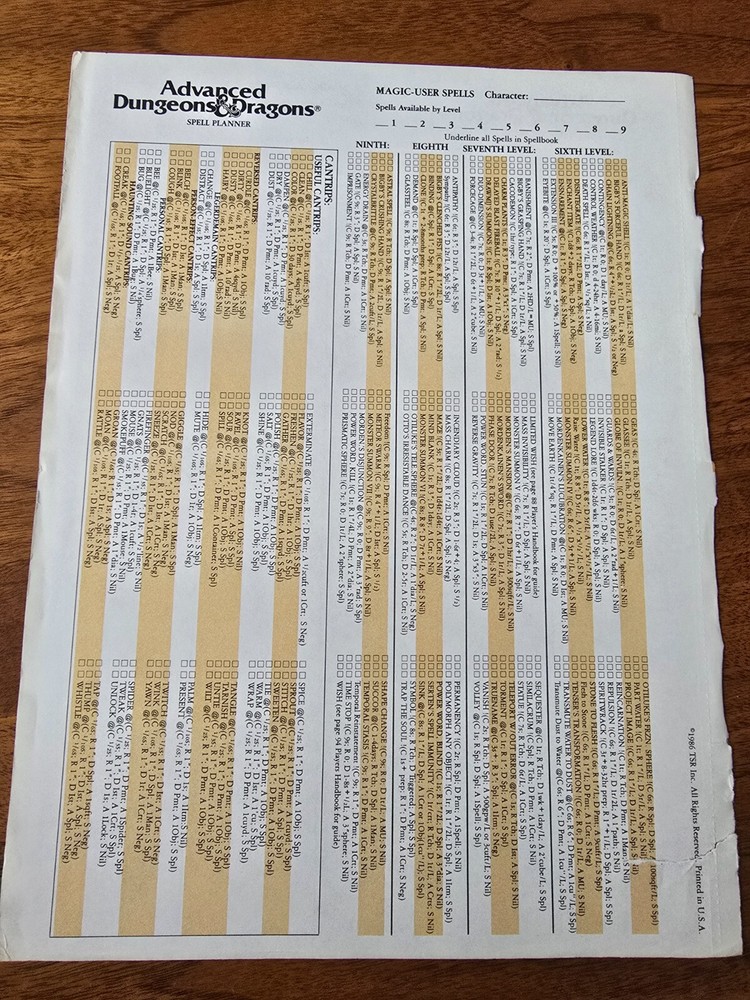 AD&D 1st Edition REF2 Magic-User Spells Sheet Singles TSR