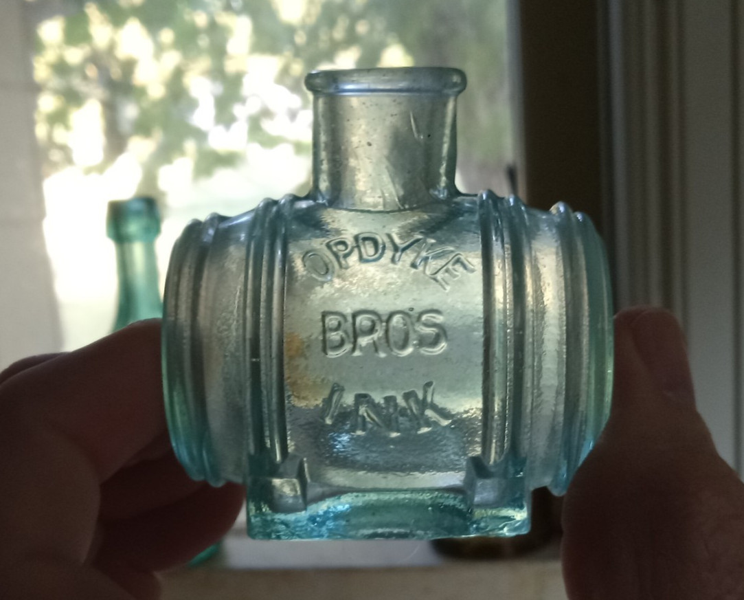 OPDYKE BROS INK 1880 AQUA BARREL FIGURAL INK BOTTLE FRENCHTOWN,NJ?