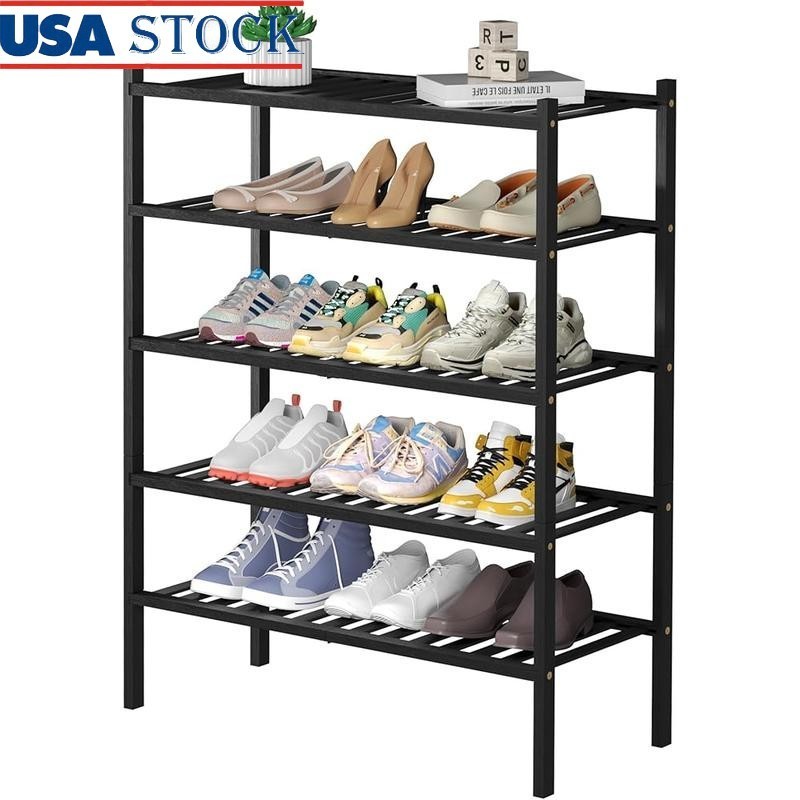 5 Tier Bamboo Shoe Rack Stackable Free Standing Storage Organizer Entryway New