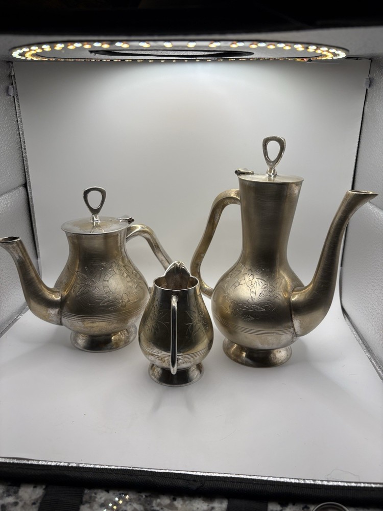 Vintage SILVER PLATED Engraved Tea Coffee Set 3 Pc Teapot Coffee Pot Creamer