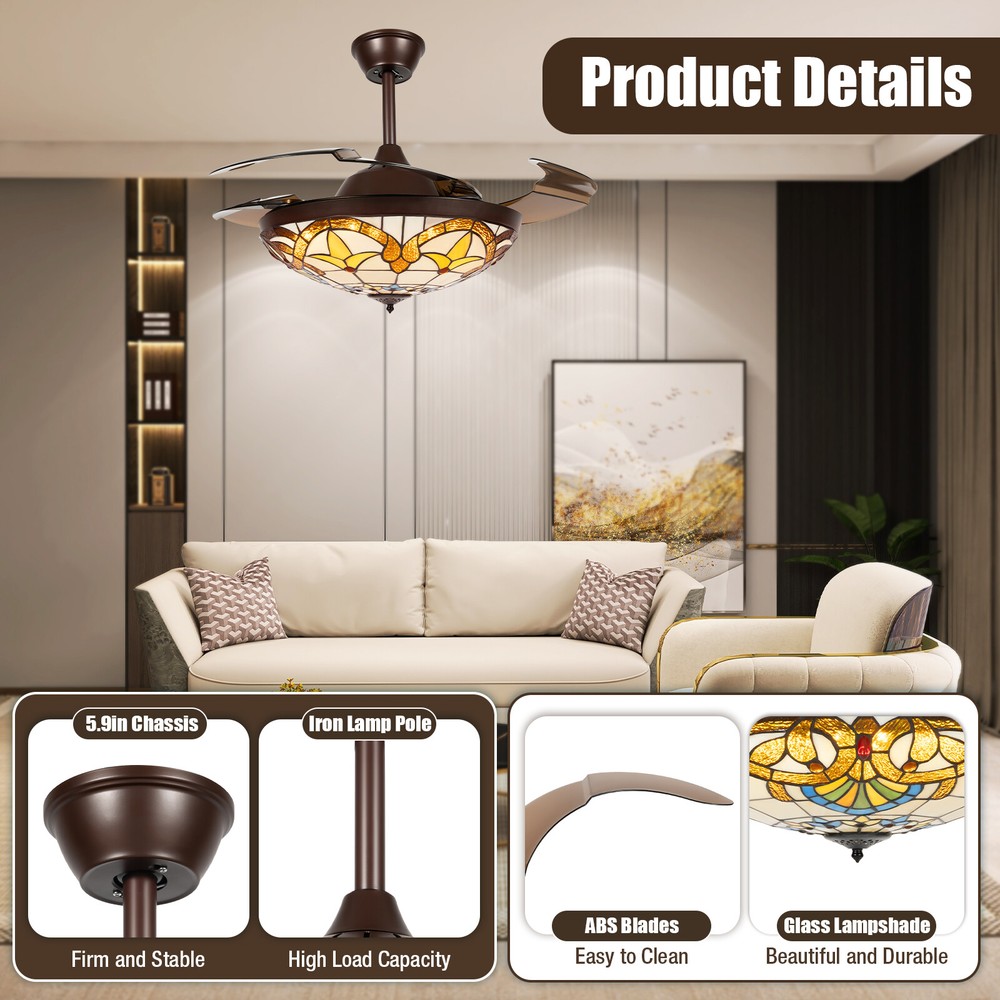 Tiffany Style 42" Chandelier Retractable Blade Ceiling Fan Light Remote Control