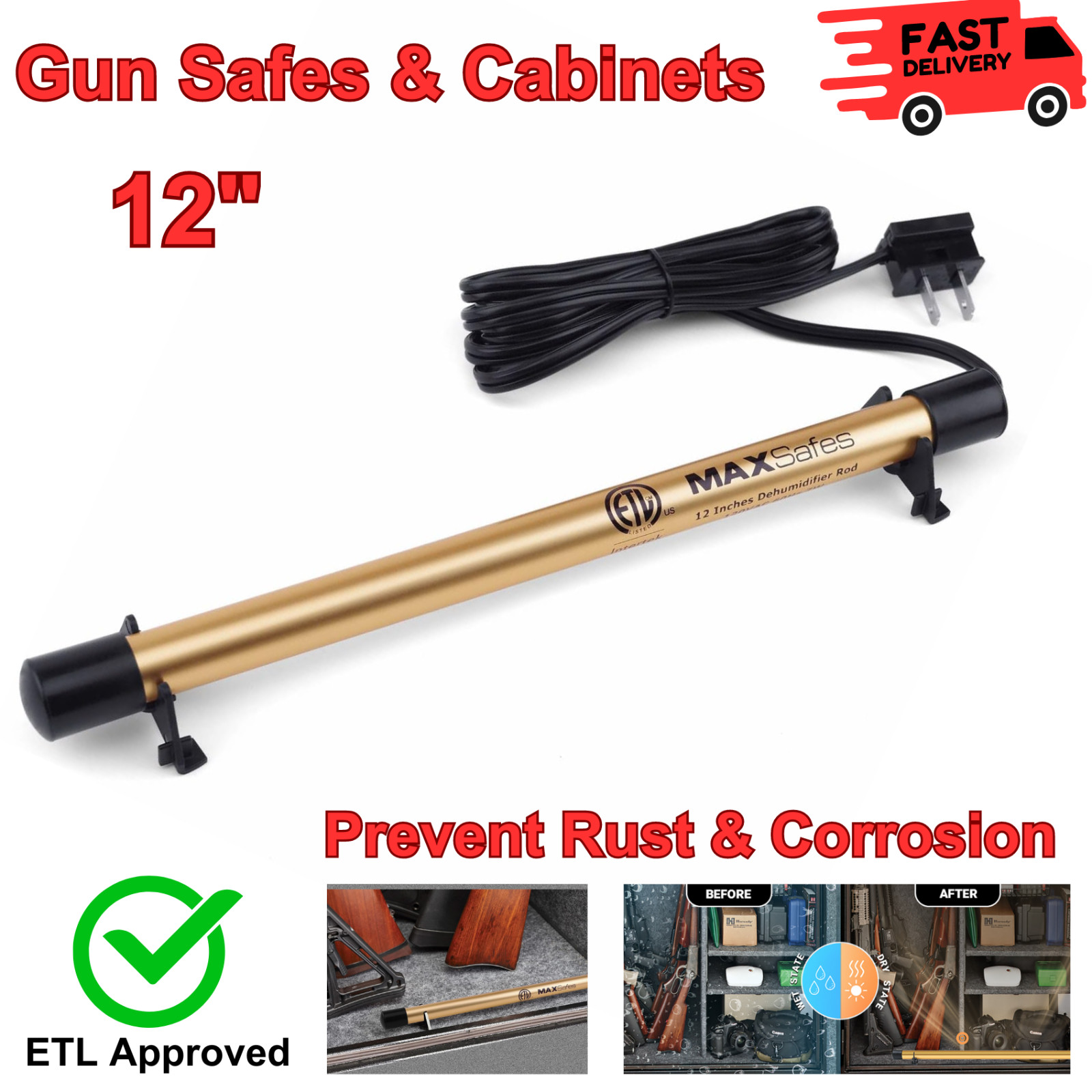 Gun Safe Dehumidifier Rod 12" Dry Golden Rod Helps Prevent Rust & Corrosion Plug