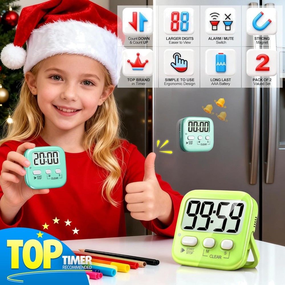 2 Pack Digital Timer for Kids, Magnetic Countdown Kitchen Timers for Cooking,...