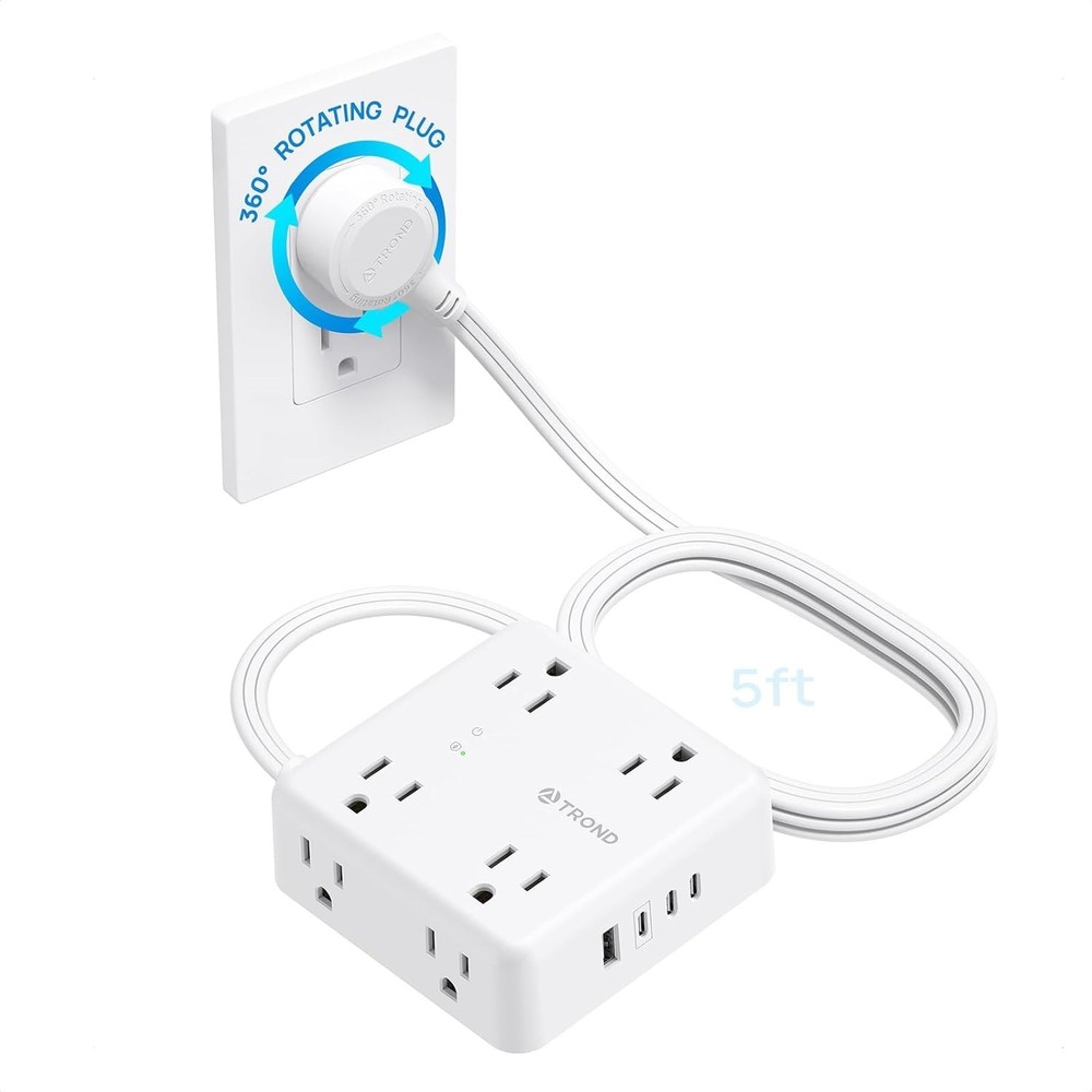 TROND 360° Rotating Flat Plug Power Strip, 5FT Extension Cord , White