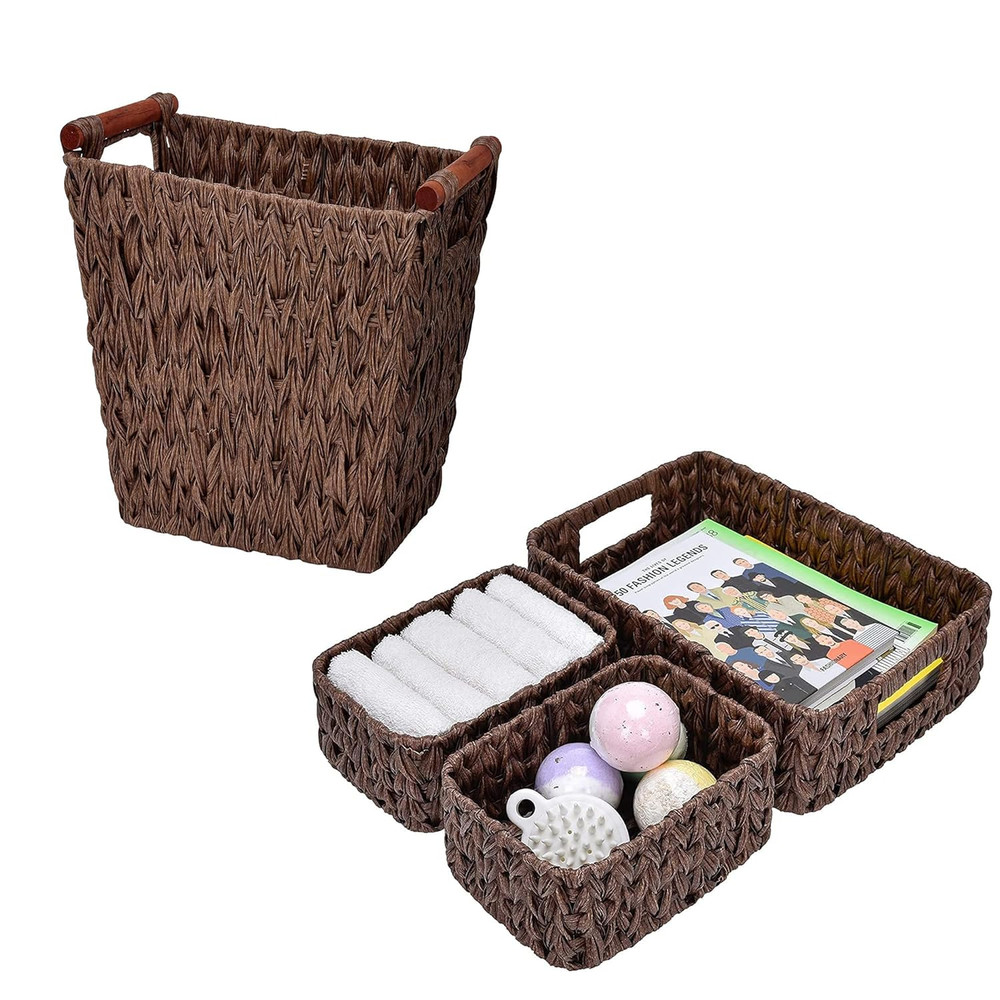 Bundle of 1-Pack Wicker Wastebasket & 3-Pack Wicker Storage Baskets