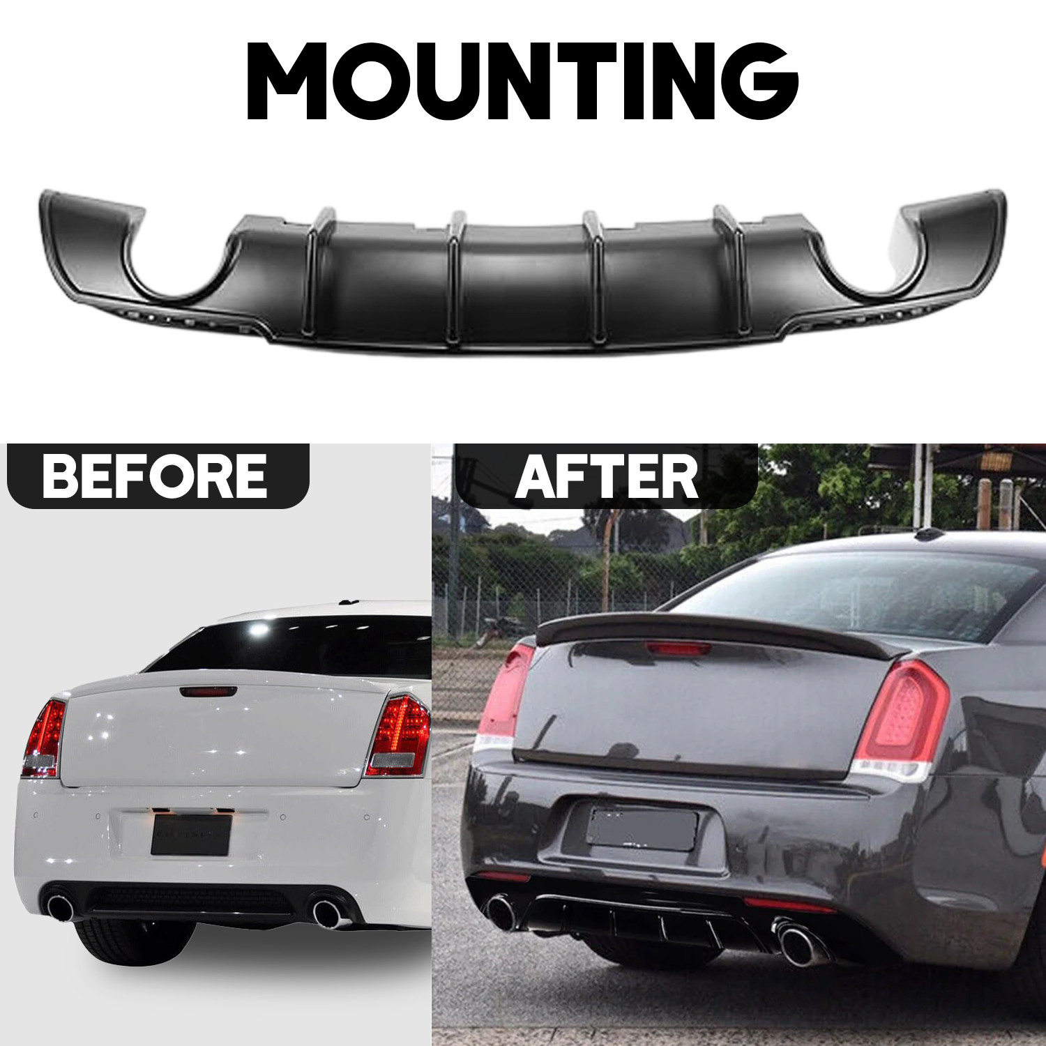 For 2015-2023 Chrysler 300 SRT Bumper Lip Gloss Black Dual Exhaust Rear Diffuser