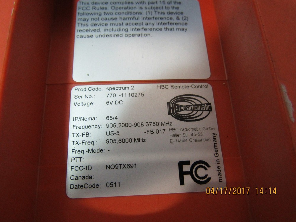 HBC SPECTRUM 2 RADIOMATIC REMOTE CONTROL TX-FB US-5 USED