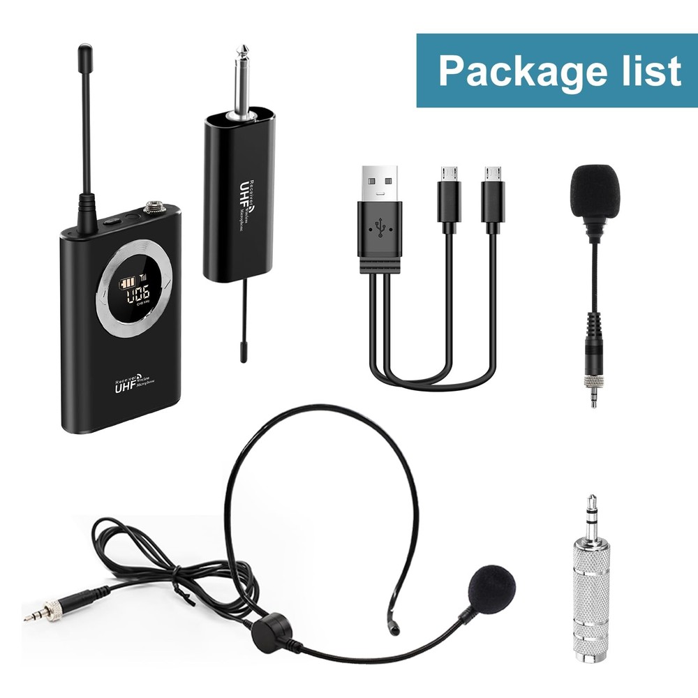 Wireless Microphone Headset, Head Mic Speaker System, UHF Professional Handhe...