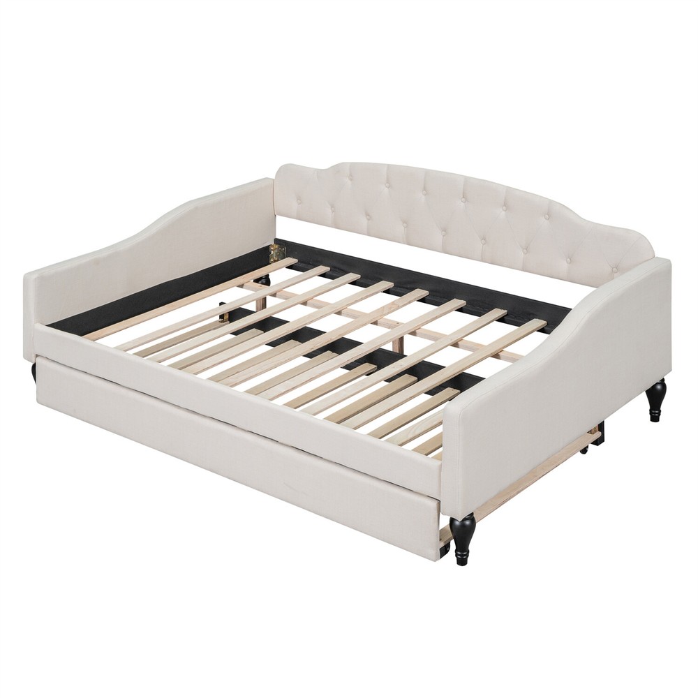 Full Size Daybed with Pull Out Trundle Bed Upholstered Bed Frame Sofa Bed Beige