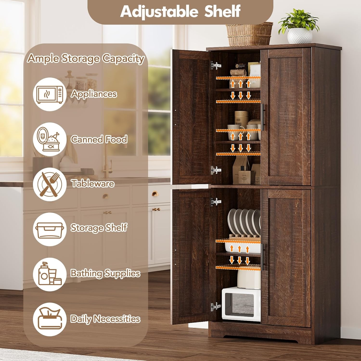 70" Kitchen Pantry Cabinet w 4 Doors, Freestanding Storage w Adjustable Shelves