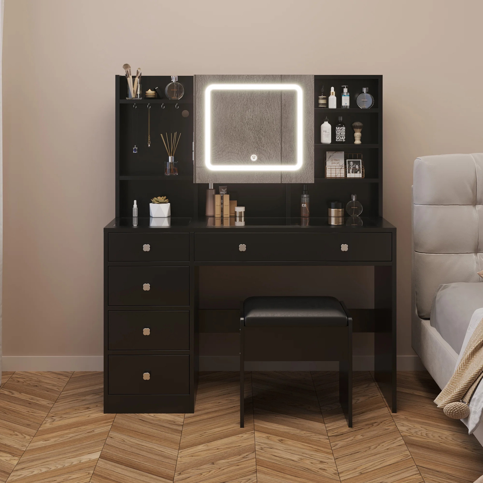 Ktaxon Color Lights Drawers Charging Station Vanity Desk Table Set, Black -