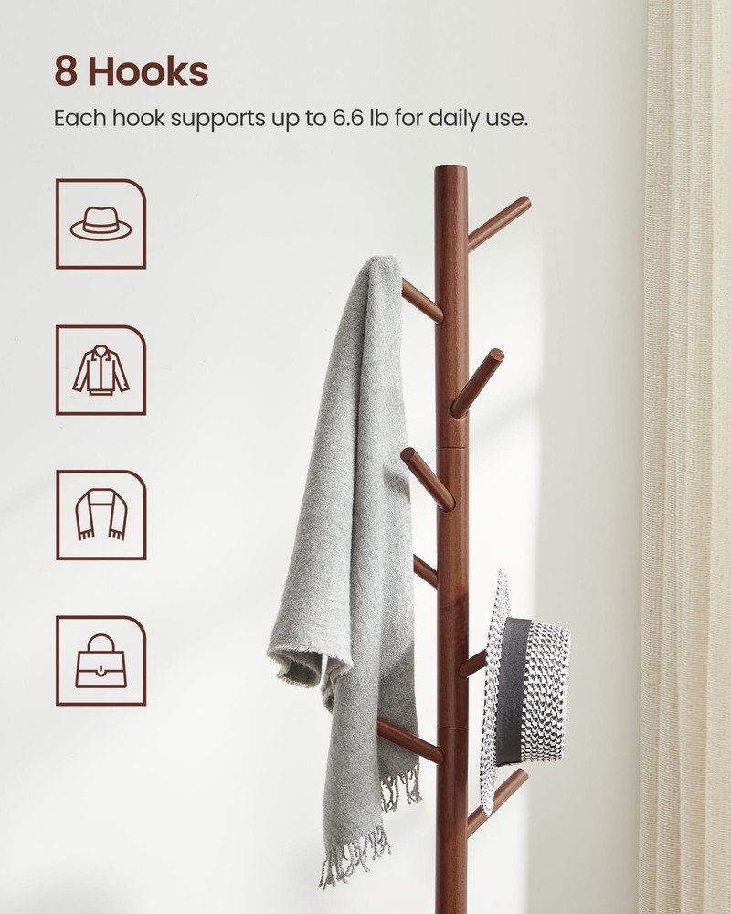 Solid Wood Coat Rack Free Standing Coat Rack Tree-Shaped Coat Rack with 8 Hoo...