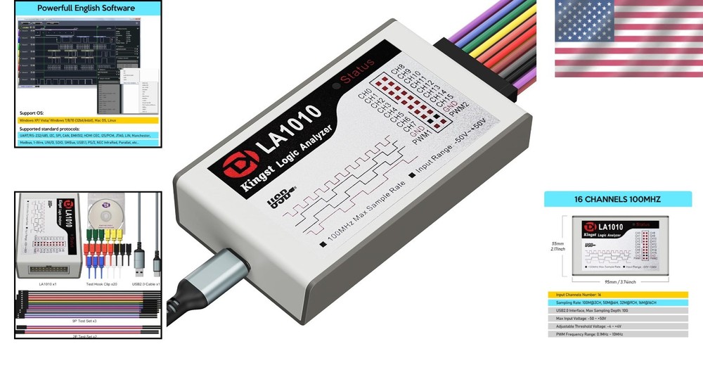 16 Channel USB Logic Analyzer - 100MHz Portable Instrument for Windows/Mac/Linux