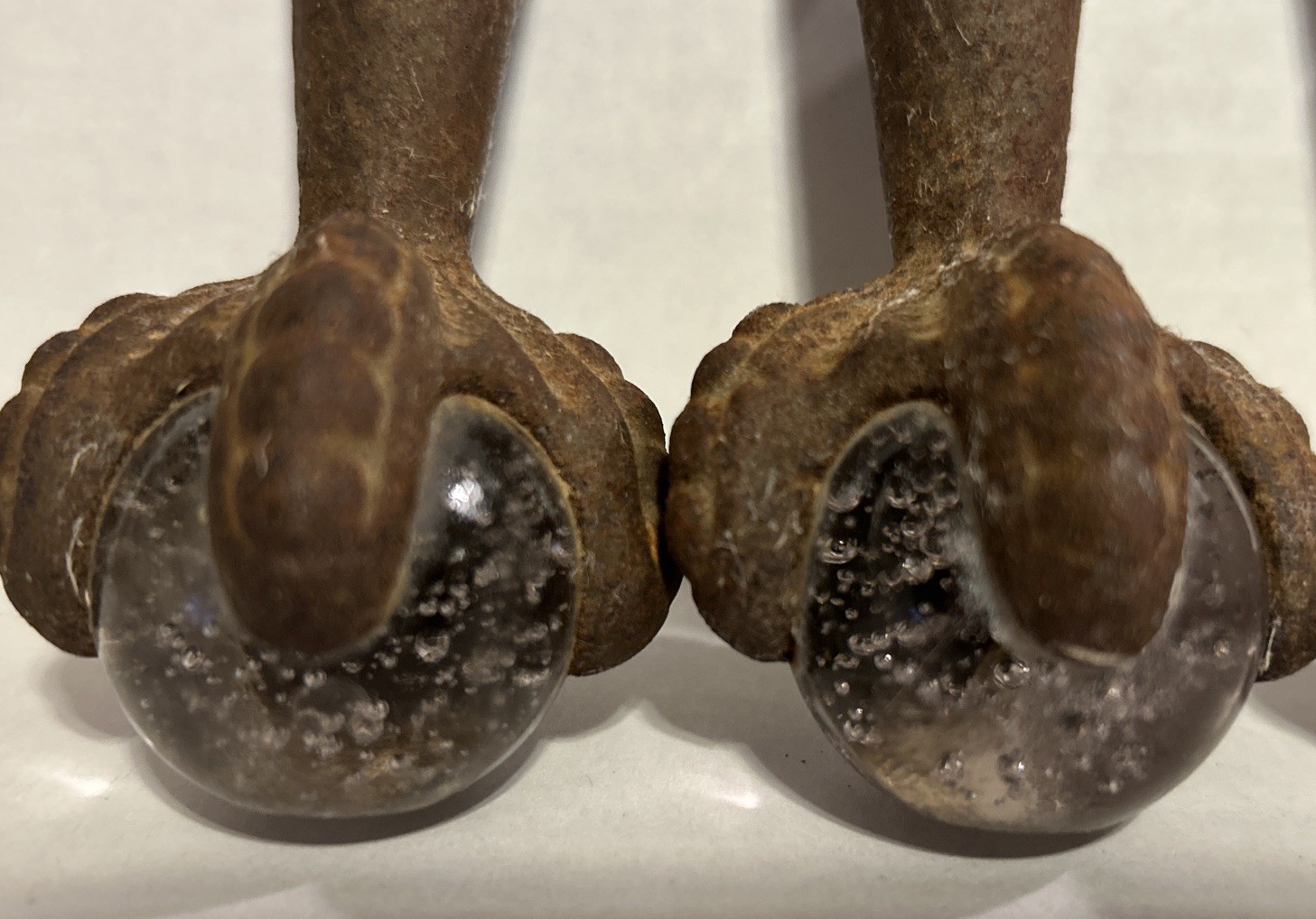 Set of 4 Vintage Art Deco Cast Iron Glass Claws and Ball Furniture Feet Casters