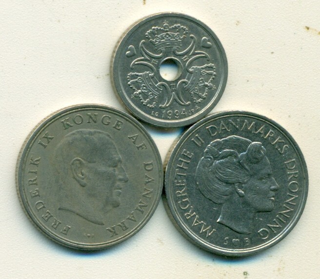 3 DIFFERENT 1 KRONE COINS from DENMARK - 1962, 1976 & 1994 (3 DIFFERENT TYPES)