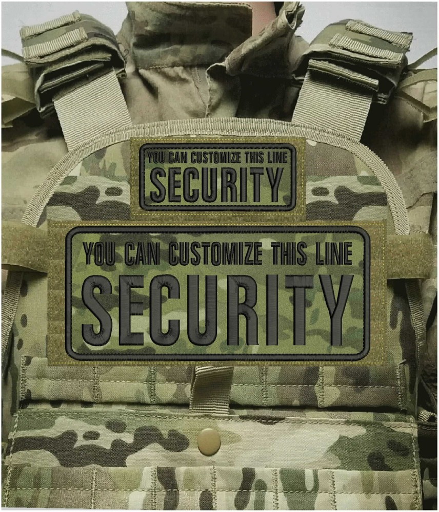 CUSTOMIZE SECURITY EMBROIDERY PATCH 4X10 & 2X5 HOOK ON BACK BLACK ON MULTICAM