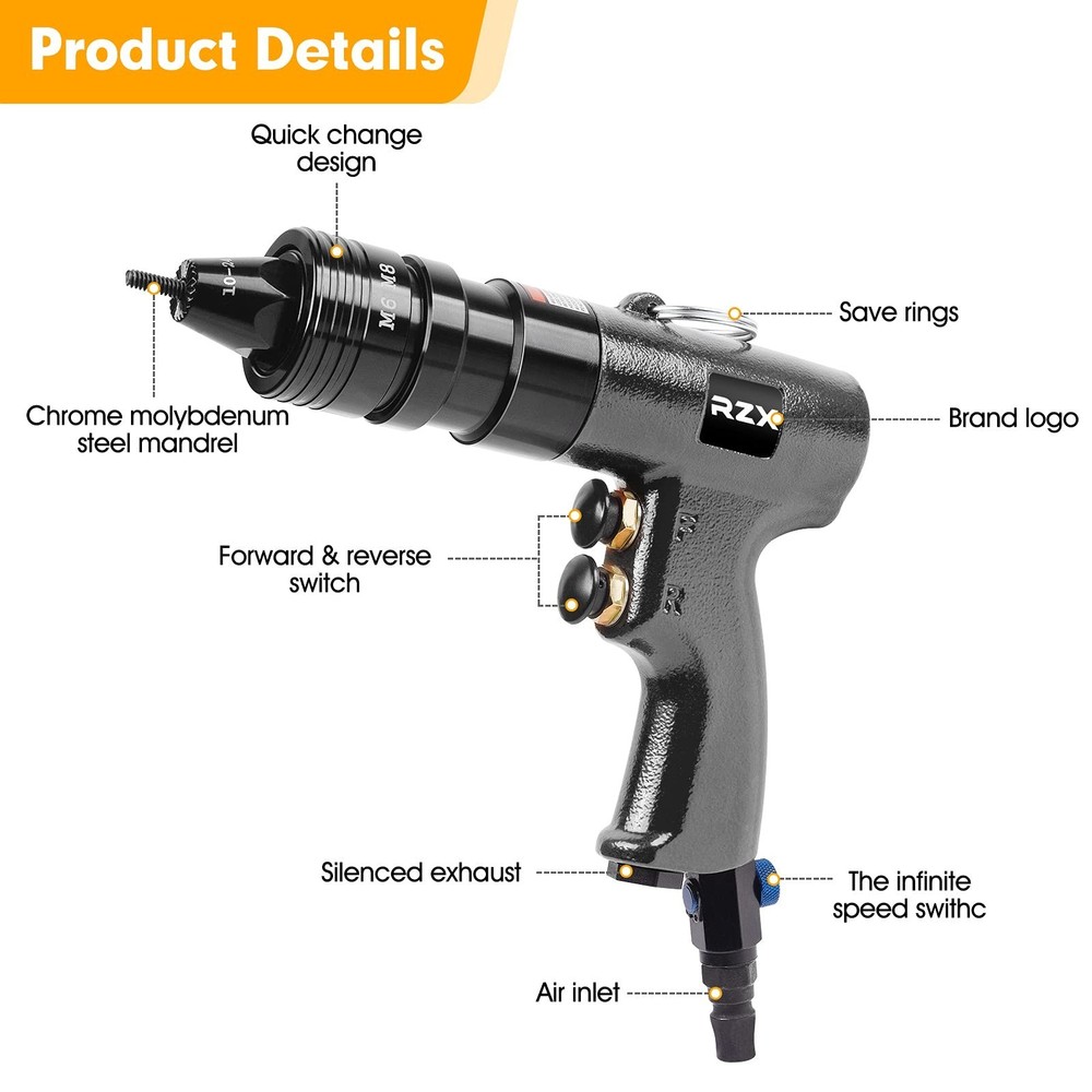 Pneumatic Rivet Tool Pneumatic Rivet Nut Setting Tool with Quick-Change M3 M4...