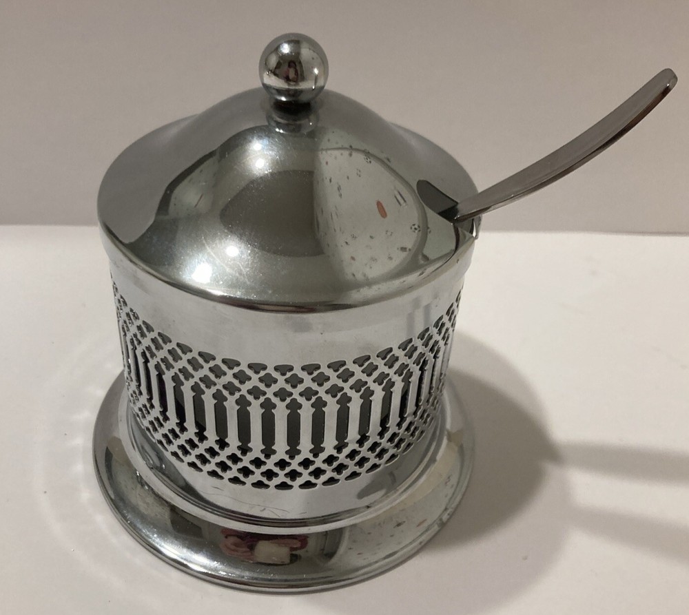 Vintage England Covered Chrome Jam - Condiment Server with glass Insert & Spoon
