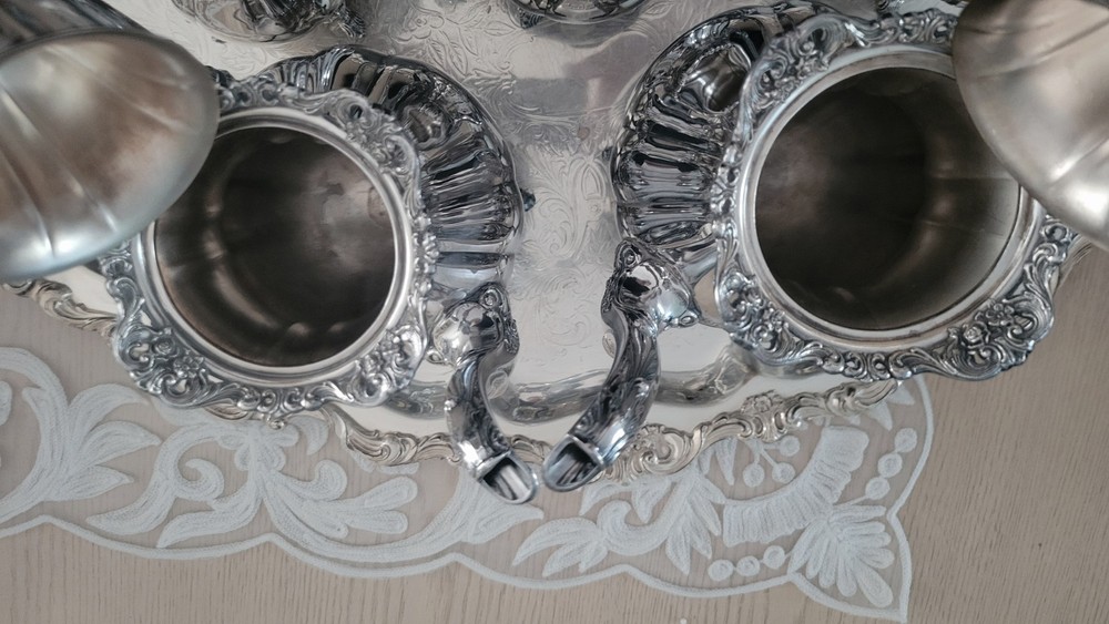 Rose Point 1200, by Wallace Silver Coffee/Teapot Silverplate Complete Set - 6 Pc