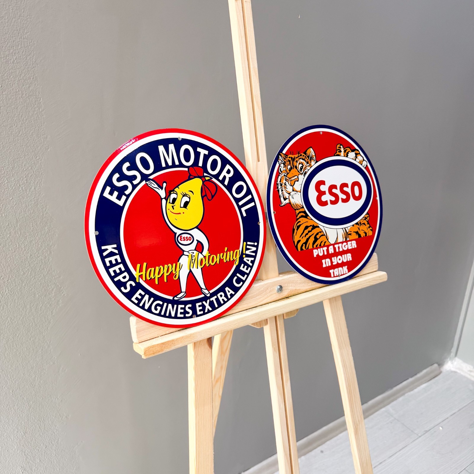 Esso Vintage Metal Sign Set of 2 Happy Motoring Female & Tiger – 30 cm / 11.8”