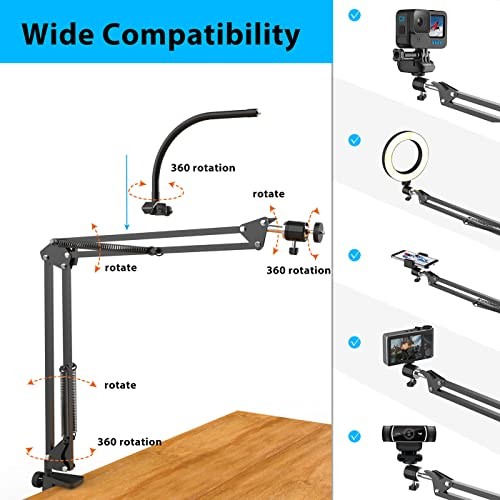 Black Overhead Camera Mount with Ring Light - Flexible Articulating Phone Arm