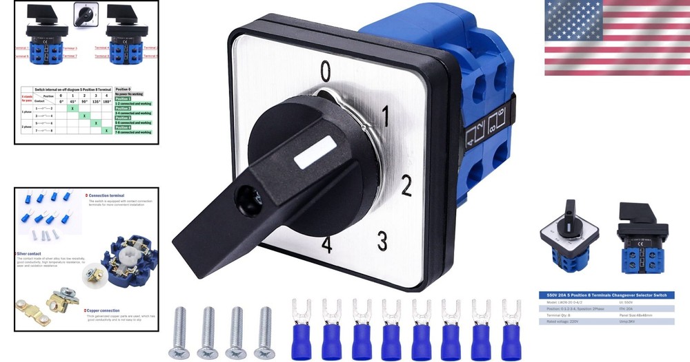 Versatile 4 Position Rotary Cam Selector Switch, 20A 550V with Blue Terminals