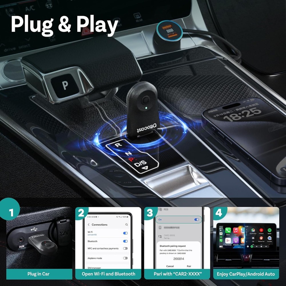 Ottocast Mini Wireless CarPlay+Android Auto Adapter w/Smart One-Click Button *US