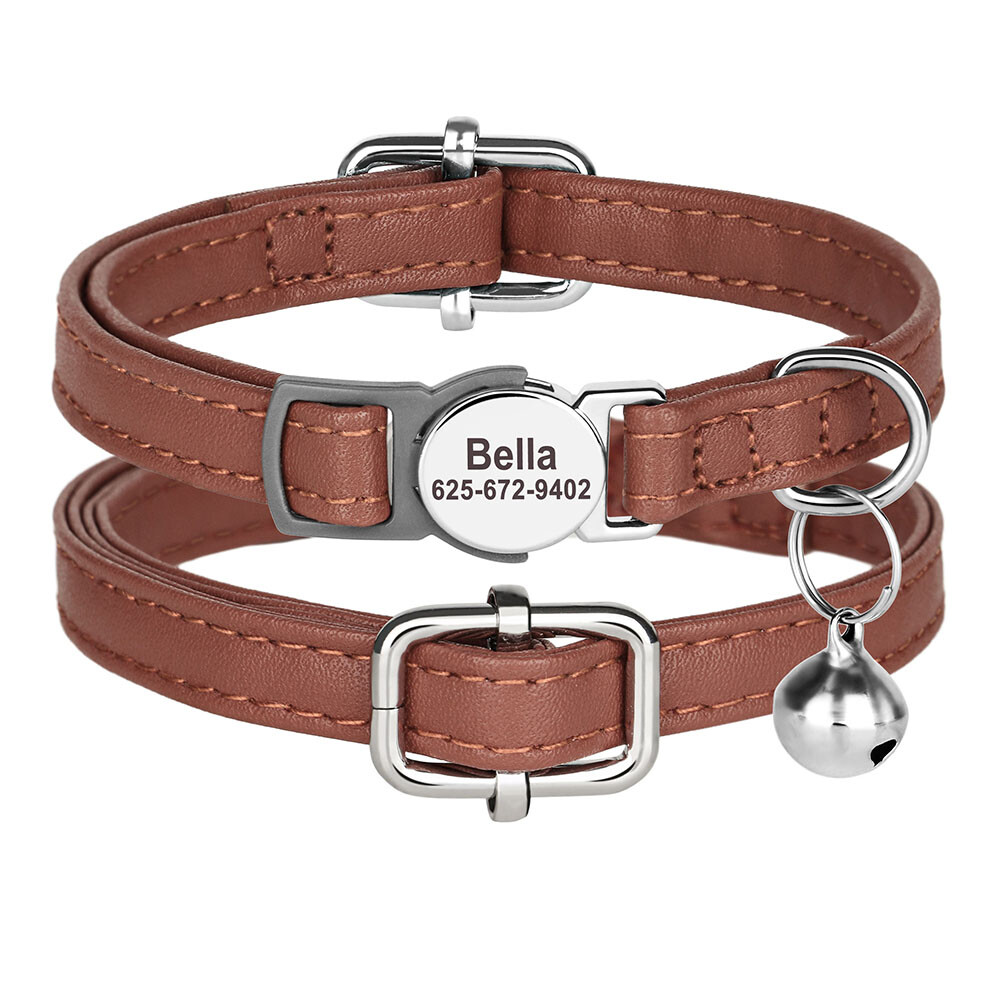Personalized Cat Collar Puppy Kitten Engraved Name Tag Soft Leather Adjustable