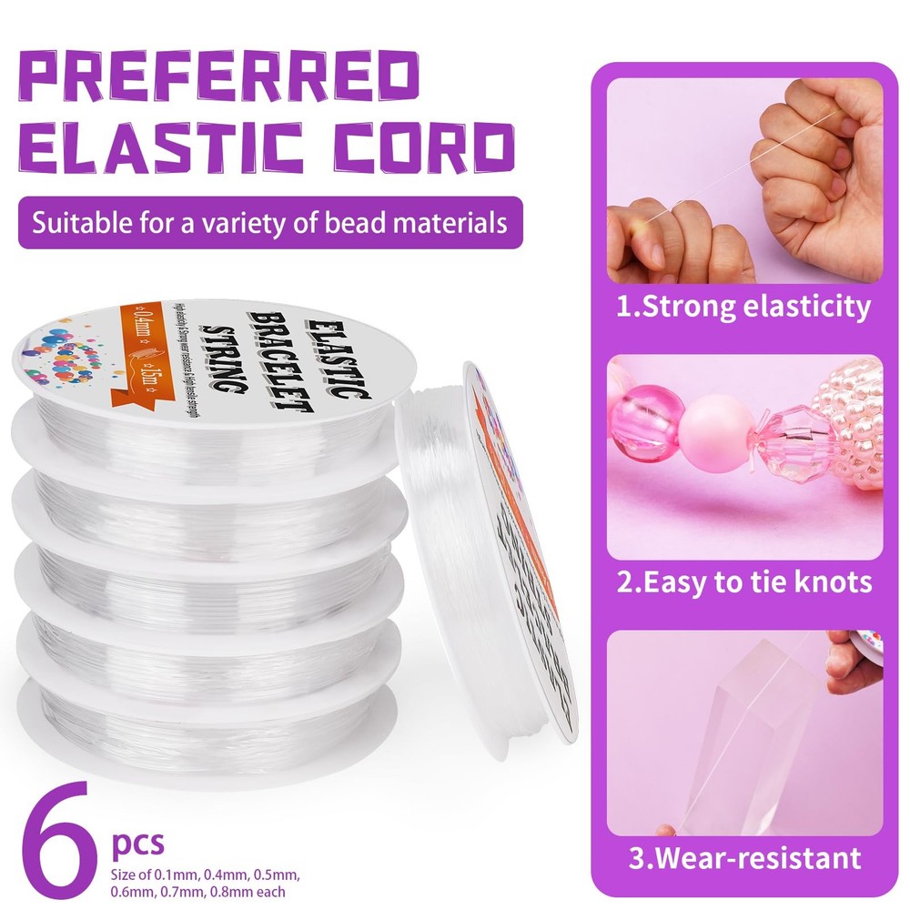 JUPEAN 6 Sizes Stretchy Bracelet String Elastic 6 Size, transparent