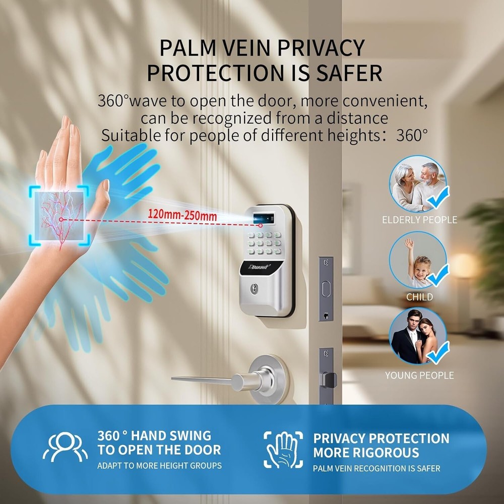 Smart WiFi Deadbolt - Palm Vein Recognition, Remote Control, Auto Lock