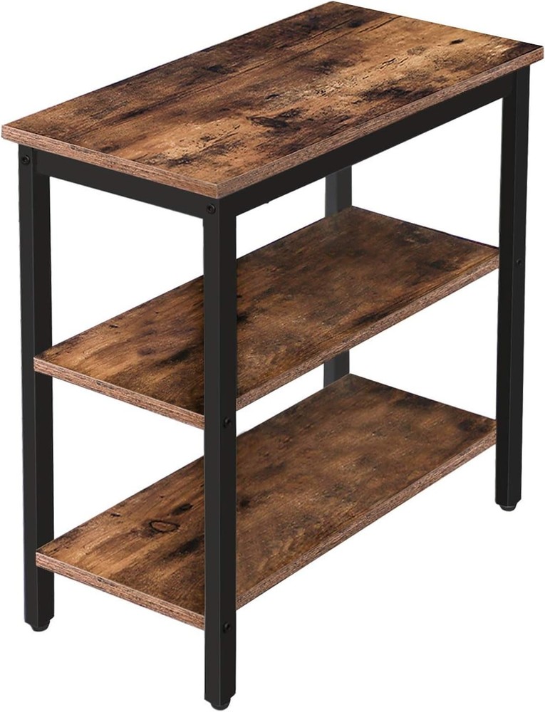 End Table Simple Rustic Side Table W/ 3-Tier Storage Shelf Narrow Nightstand