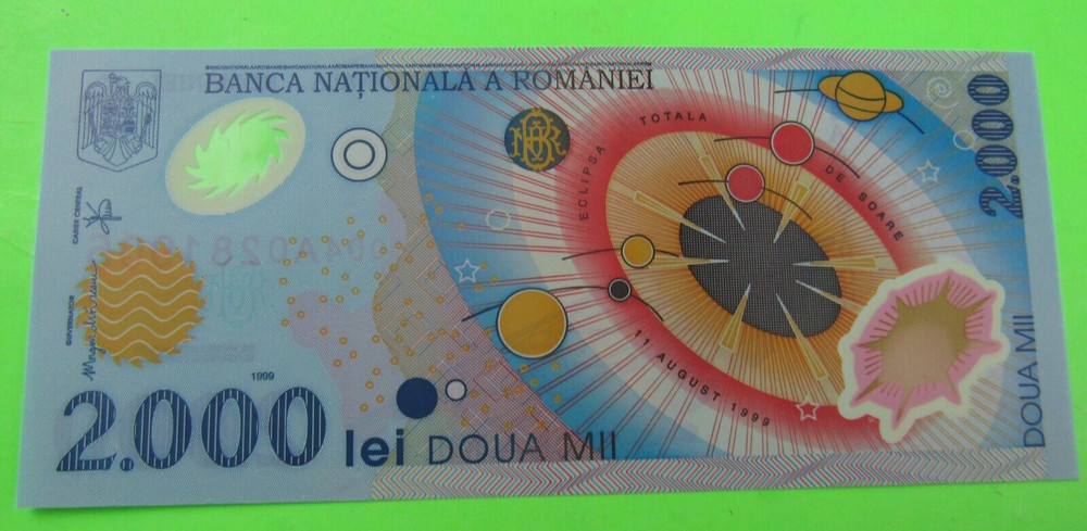ROMANIA, 2000 LEI, POLYMER note, Total Solar Eclipse August 11, 1999, UNC