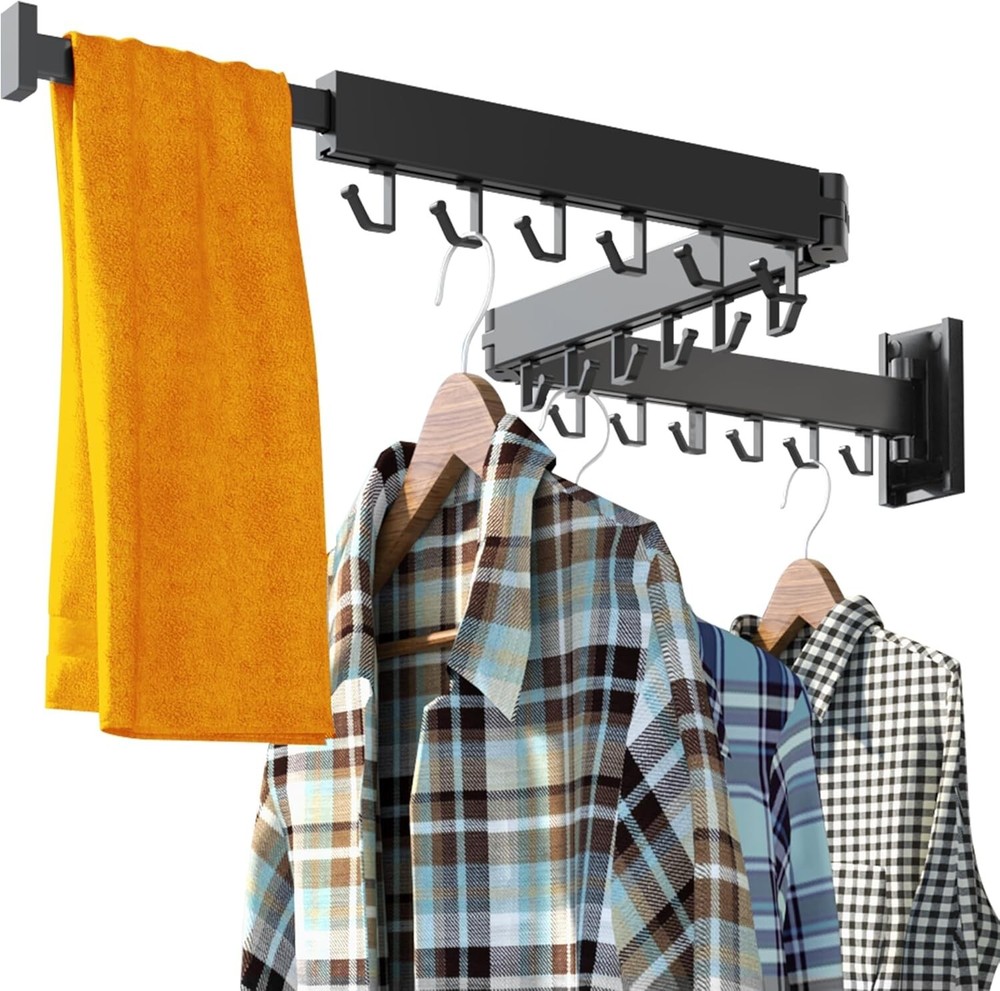 Wall Mounted Folding Clothes Drying Rack with Retractable Hooks - Modern Design