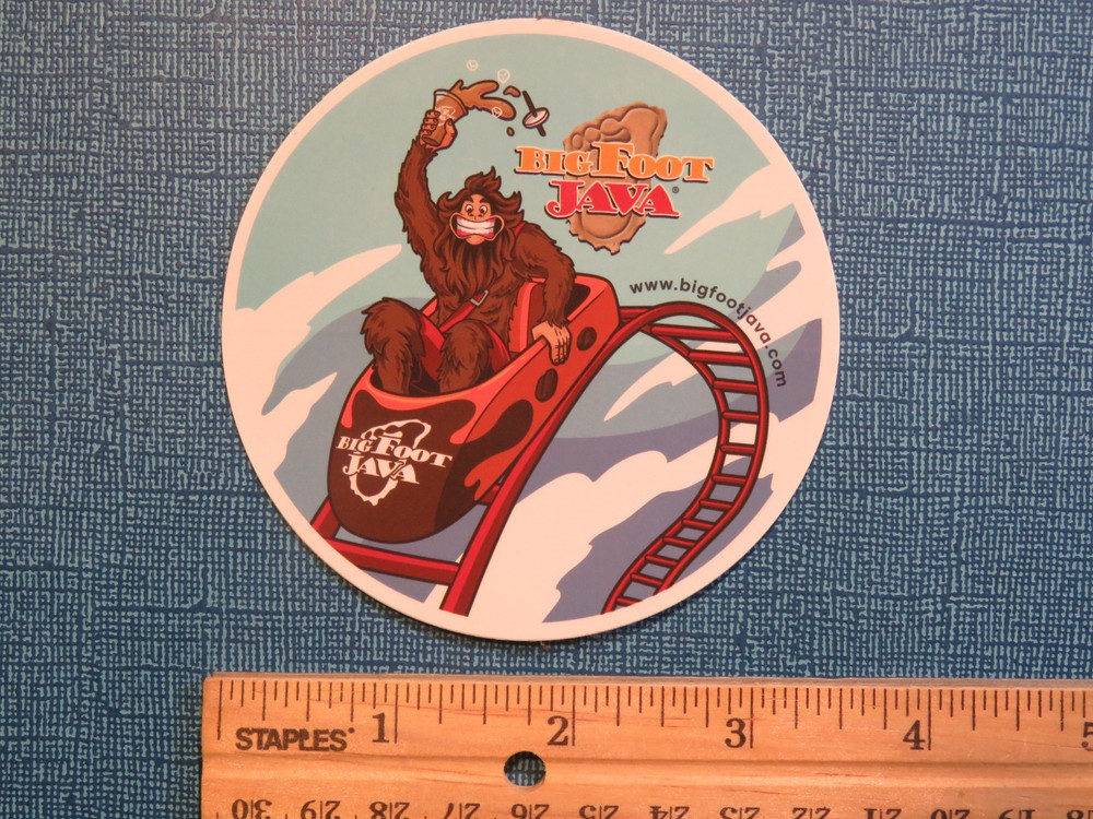 STICKER: BIG FOOT Java Roasted Coffee; Seattle, WA - Sasquatch on Roller Coaster