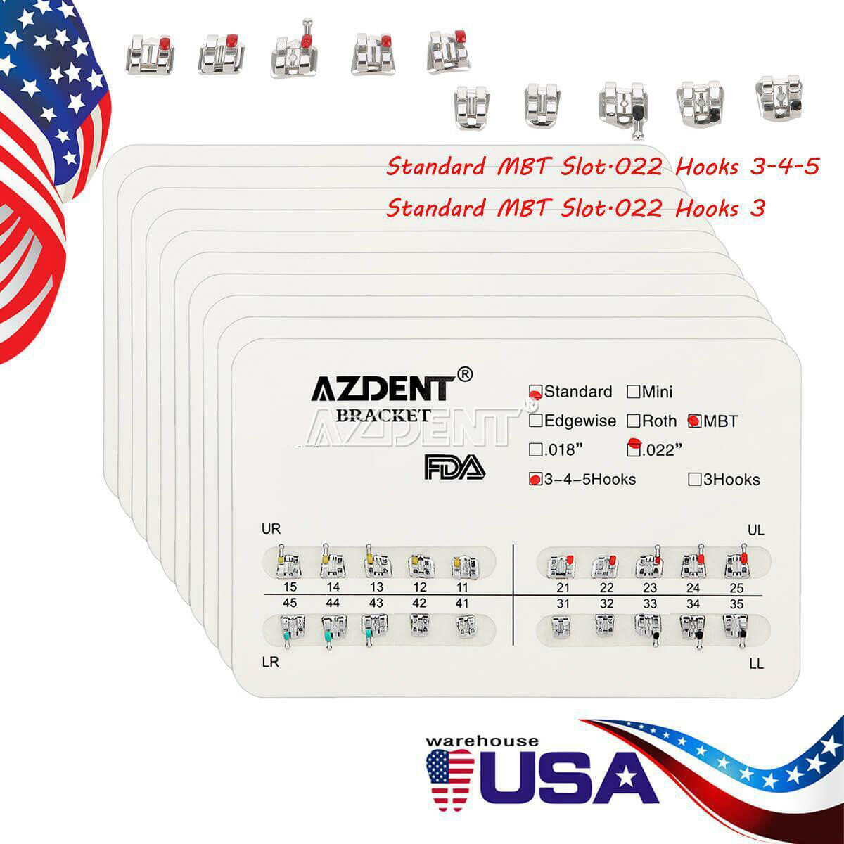 AZDENT Dental Orthodontic Metal Brackets Braces Standard MBT 022 Hooks 345/3
