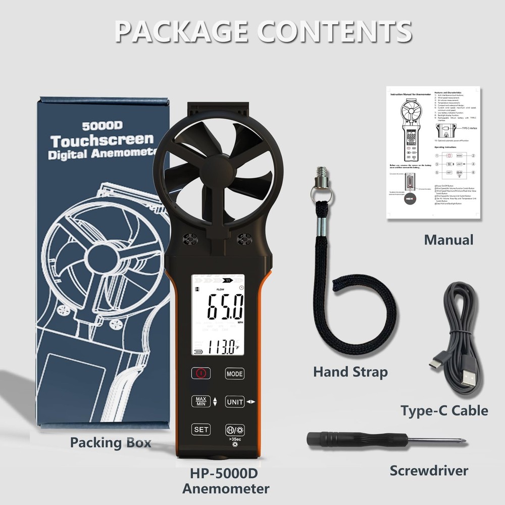 Air Flow & Wind Speed Meter, Handheld CFM Anemometer with Waterproof Touch Bu...